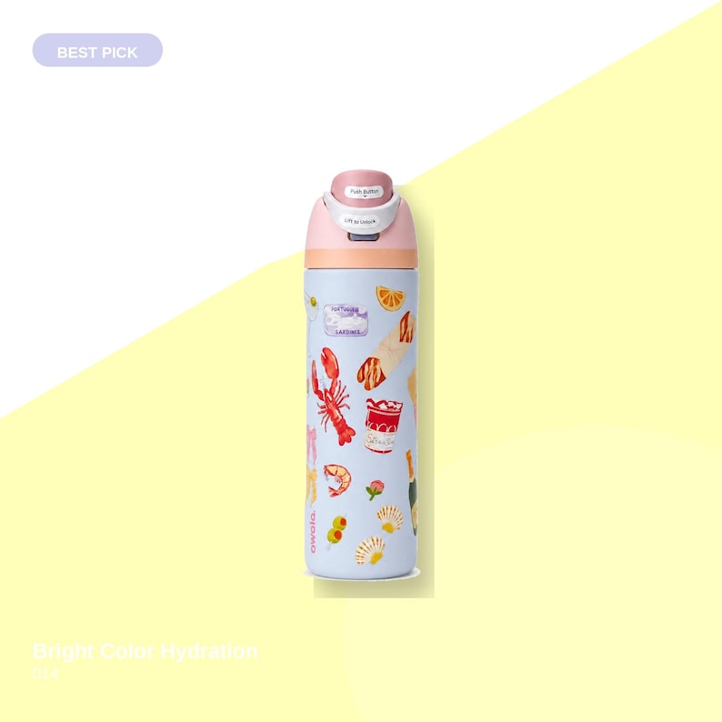 May include: A light blue water bottle with a pink top and a variety of food illustrations, including a red lobster, orange slices, and a red cup. The bottle has a push-button lid and the text "Best Pick".