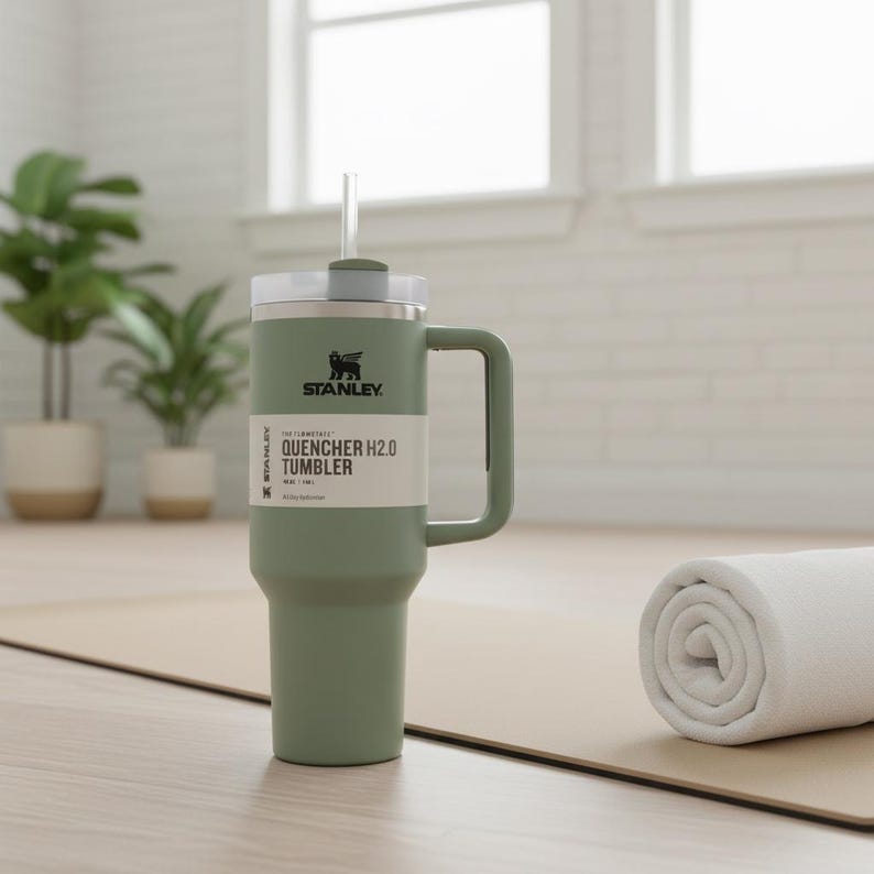 May include: A green Stanley Quencher H2.0 tumbler with a handle and straw. The tumbler has a white label with black text. A rolled white towel rests on a mat in the background.