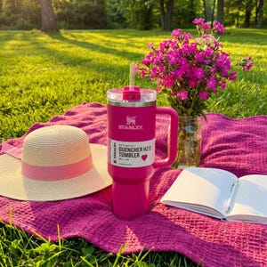 Peut inclure: Un gobelet Stanley Quencher H2.0 rose avec une poign&eacute;e et une paille est pos&eacute; sur une couverture rose, &agrave; c&ocirc;t&eacute; d'un chapeau de paille avec un ruban rose. Un bouquet de fleurs roses dans un bocal en verre et un carnet sont &eacute;galement sur la couverture.