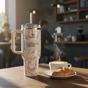 K&ouml;nnte beinhalten: Ein Edelstahlbecher mit Griff und Strohhalm, mit einem Wirbelmuster in Beige- und Braunt&ouml;nen. Der Becher ist mit "QUENCHER H2.0 TUMBLER" beschriftet. Eine Tasse Kaffee und ein Croissant stehen auf einem Holztisch.