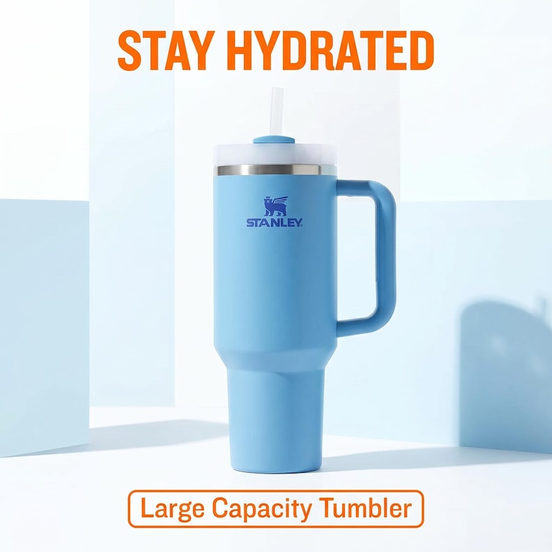 May include: A light blue Stanley large capacity tumbler with a handle and a straw. The tumbler has the text "STAY HYDRATED" and "Large Capacity Tumbler" in orange. The Stanley logo is visible on the front.