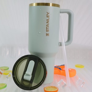 Op de afbeelding: Een grote, lichtgroene Stanley-beker met een gouden rand en handvat. Het deksel is zwart met een lichtgroene schuif. Er is een doorzichtig rietje in gestoken. De beker staat op een wit oppervlak met ijsblokjes en schijfjes citrusvruchten.