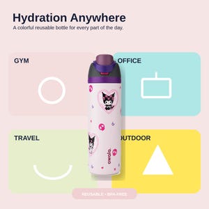 Pode incluir: Uma garrafa de &aacute;gua reutiliz&aacute;vel branca com tampa roxa e design gr&aacute;fico preto e rosa. A garrafa tem o texto "Hydration Anywhere" e "A colorful reusable bottle for every part of the day."