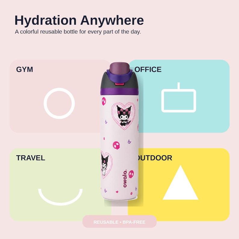 Pode incluir: Uma garrafa de &aacute;gua reutiliz&aacute;vel branca com tampa roxa e design gr&aacute;fico preto e rosa. A garrafa tem o texto "Hydration Anywhere" e "A colorful reusable bottle for every part of the day."