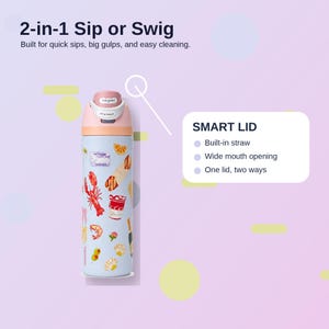 May include: A light blue water bottle with a pink lid, featuring a seafood-themed design. The bottle has the text "2-in-1 Sip or Swig" and "SMART LID" with bullet points. It is designed for quick sips and easy cleaning.