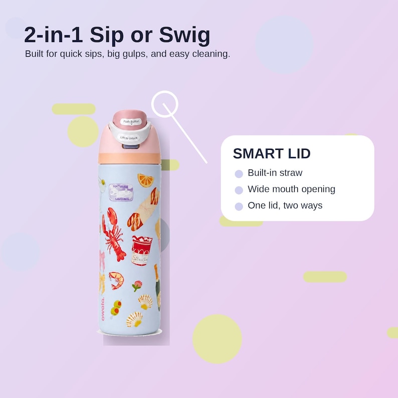 May include: A light blue water bottle with a pink lid, featuring a seafood-themed design. The bottle has the text "2-in-1 Sip or Swig" and "SMART LID" with bullet points. It is designed for quick sips and easy cleaning.
