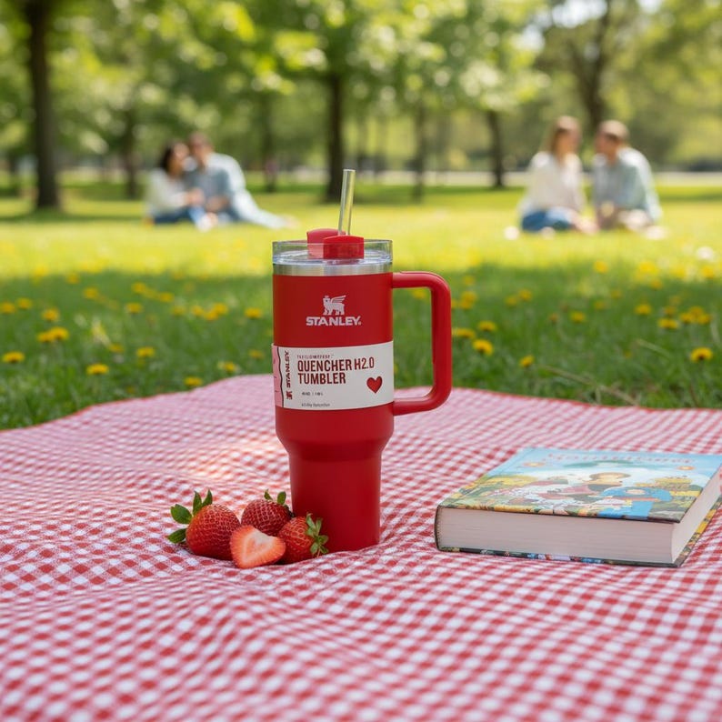 Może przedstawiać: Czerwony kubek Stanley Quencher H2.0 z uchwytem i słomką leży na czerwono-białej piknikowej kracie. Kubek ma logo Stanley i napis "QUENCHER H2.0 TUMBLER". Truskawki i książka r&oacute;wnież znajdują się na kocu.