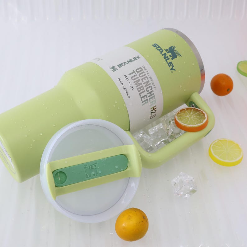 Puede incluir: Un vaso Stanley Quencher H2.0 verde claro con asa y tapa, con el logotipo de Stanley. El vaso es de 1,18 L e incluye el texto "All Day Hydration". Rodajas decorativas de c&iacute;tricos y naranjas est&aacute;n esparcidas.