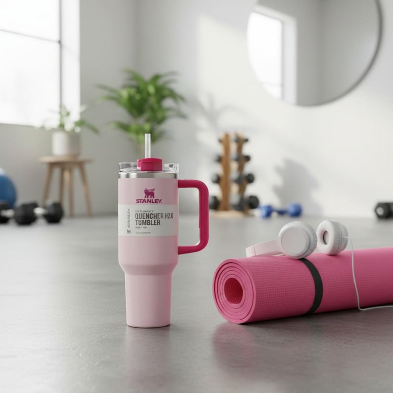 May include: A pink Stanley Quencher H2.0 Tumbler with a handle and straw, next to a rolled-up pink yoga mat and white headphones. The tumbler has the Stanley logo and product information printed on it. The background includes exercise equipment.