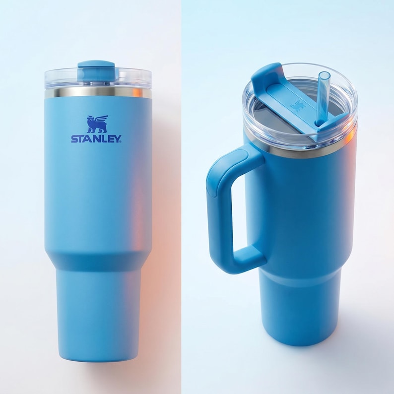May include: Two light blue Stanley tumblers. One has a handle and a clear lid with a blue slider and a straw. The other has a clear lid and a blue top. Both have the Stanley logo in blue.