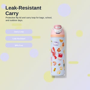 May include: A light blue water bottle with a pink and peach colored lid. The bottle has a carry loop and is decorated with food illustrations, including a lobster and shrimp. The text "Leak-Resistant Carry" is at the top.