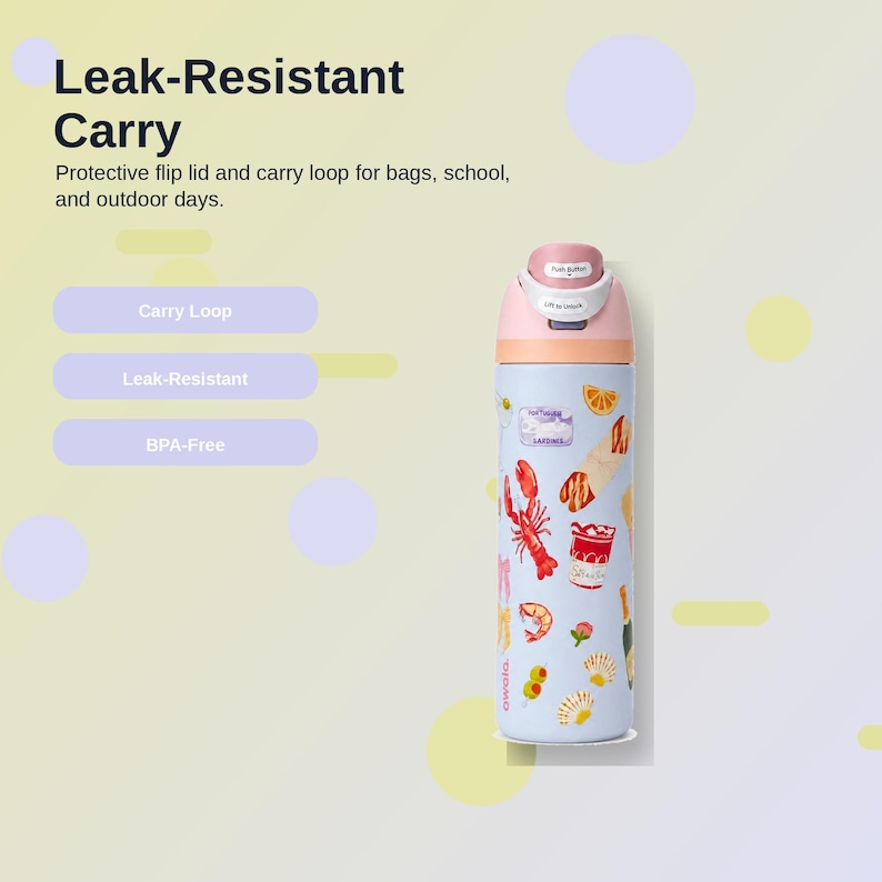 May include: A light blue water bottle with a pink and peach colored lid. The bottle has a carry loop and is decorated with food illustrations, including a lobster and shrimp. The text "Leak-Resistant Carry" is at the top.