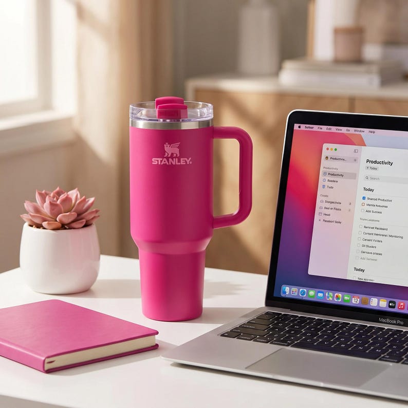 Peut inclure: Un mug de voyage Stanley rose vif avec une poign&eacute;e et un couvercle transparent. Le mug est pos&eacute; sur une surface blanche &agrave; c&ocirc;t&eacute; d'un carnet rose, d'une plante succulente dans un pot blanc et d'un ordinateur portable.
