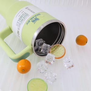 Puede incluir: Un vaso Stanley Quencher H2.0 verde claro con asa, borde de acero inoxidable y el logotipo de Stanley. El vaso est&aacute; parcialmente lleno de cubitos de hielo y rodeado de rodajas de naranja y naranjas enteras.