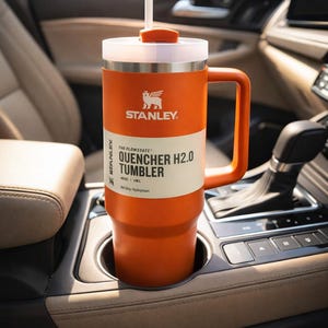 May include: Orange Stanley Quencher H2.0 Tumbler with a white lid and handle, placed in a car's cup holder. The tumbler has the Stanley logo and text that reads "QUENCHER H2.0 TUMBLER". The tumbler holds 40 oz (1.18L).