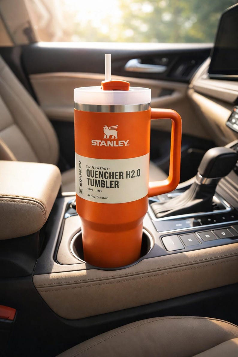 May include: Orange Stanley Quencher H2.0 Tumbler with a white lid and handle, placed in a car's cup holder. The tumbler has the Stanley logo and text that reads "QUENCHER H2.0 TUMBLER". The tumbler holds 40 oz (1.18L).