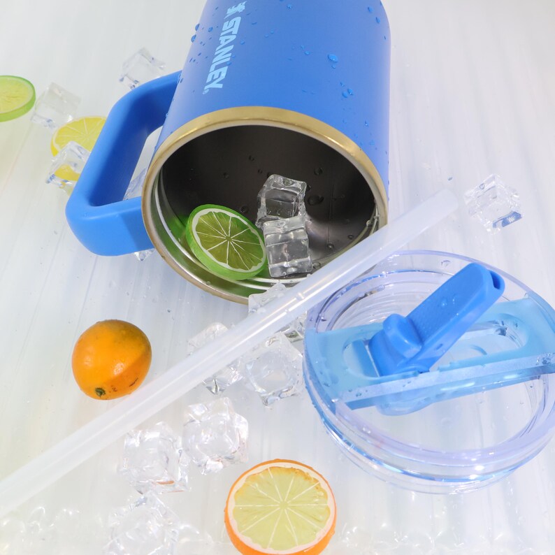 May include: A blue Stanley tumbler with a handle, a clear straw, and a clear lid. The tumbler contains ice cubes and a lime slice. An orange and a lemon slice are also visible.