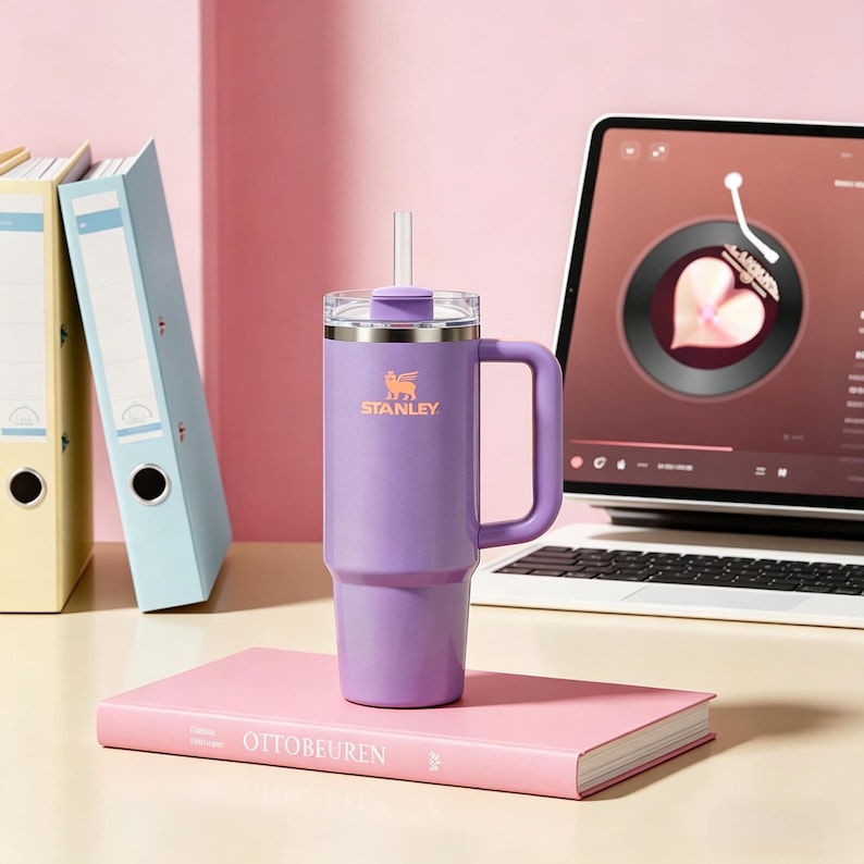 May include: A purple Stanley tumbler with a handle and straw, sitting on a pink book. The tumbler has the Stanley logo in orange. A laptop and file folders are in the background.