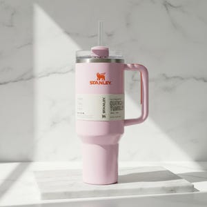 May include: A light pink Stanley Quencher Tumbler with a handle and straw. The tumbler has the Stanley logo in orange and the text "THE CLASSIC QUENCHER TUMBLER" on a white label. The tumbler is 1.18 liters.