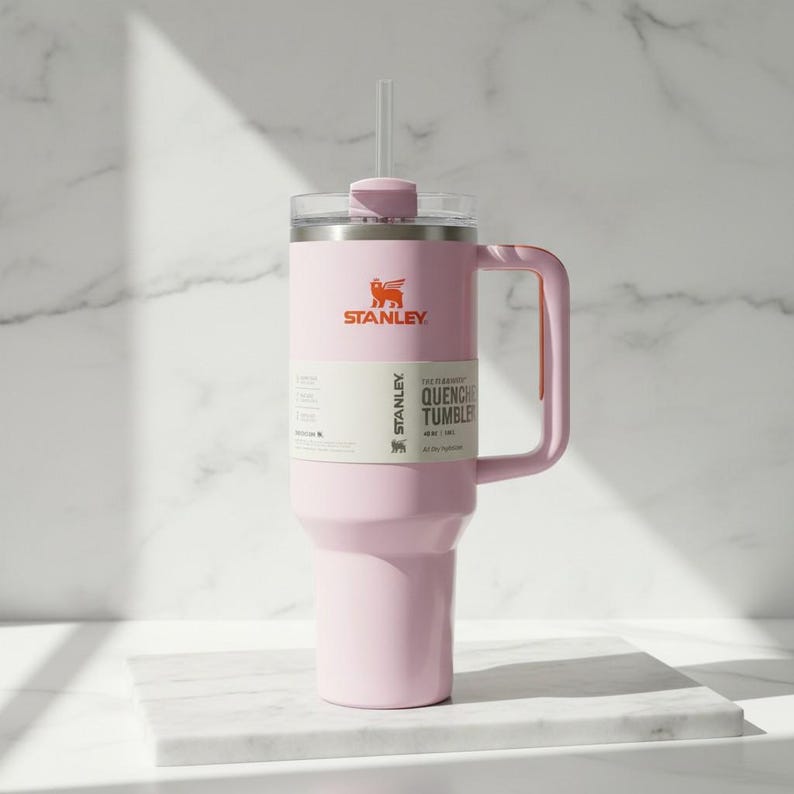 May include: A light pink Stanley Quencher Tumbler with a handle and straw. The tumbler has the Stanley logo in orange and the text "THE CLASSIC QUENCHER TUMBLER" on a white label. The tumbler is 1.18 liters.
