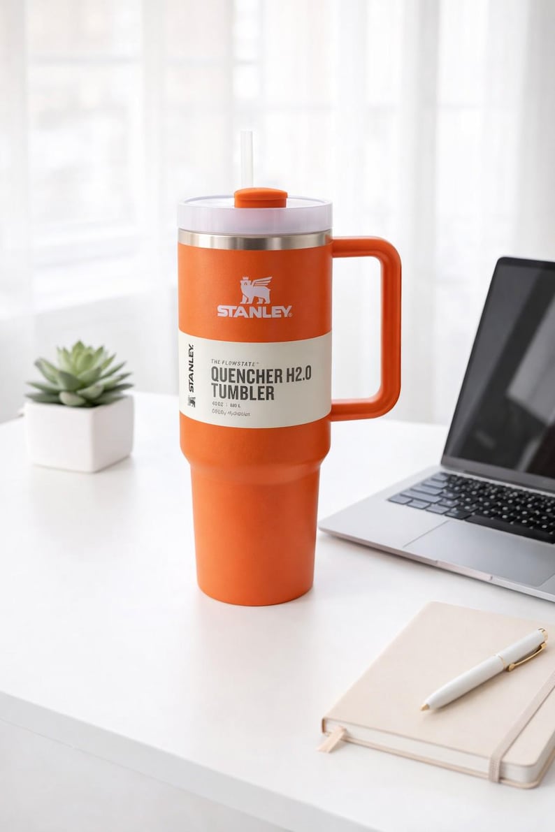 May include: Orange Stanley Quencher H2.0 Tumbler with a handle, straw, and white lid. The tumbler has the Stanley logo and product information printed on the side. The tumbler is on a white surface next to a laptop and notebook.