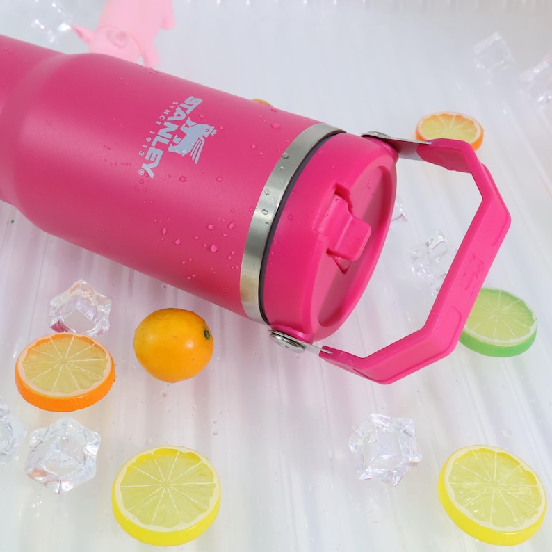 May include: A pink Stanley insulated tumbler with a handle, stainless steel accents, and the Stanley logo. The tumbler is surrounded by decorative lemon and orange slices, and ice cubes.