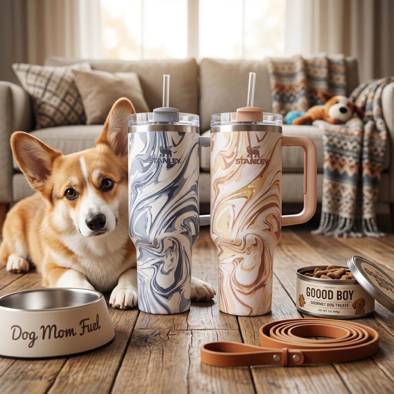 May include: A corgi dog lies next to a dog bowl that reads "Dog Mom Fuel". Two Stanley tumblers with marble designs and straws sit next to the dog. A can of dog treats and a leather leash are also in the image.