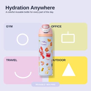May include: A reusable water bottle with a light blue body and a pink lid. The bottle is decorated with colorful food illustrations. Text on the bottle reads "Hydration Anywhere" and "REUSABLE &bull; BPA-FREE". The bottle is designed for use at the gym, office, travel, and outdoor activities.