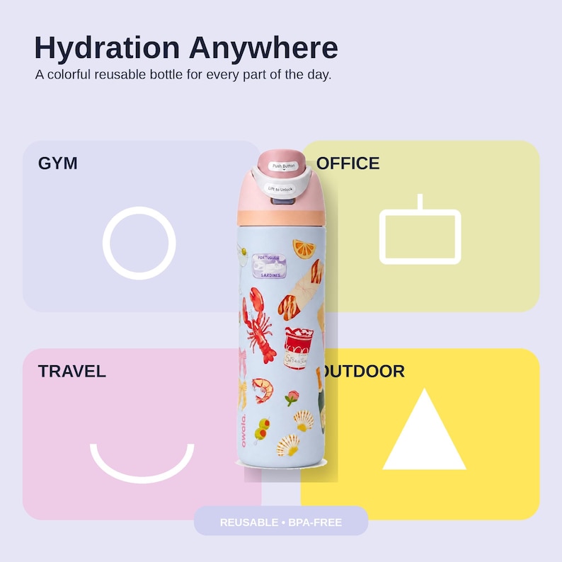 May include: A reusable water bottle with a light blue body and a pink lid. The bottle is decorated with colorful food illustrations. Text on the bottle reads "Hydration Anywhere" and "REUSABLE &bull; BPA-FREE". The bottle is designed for use at the gym, office, travel, and outdoor activities.