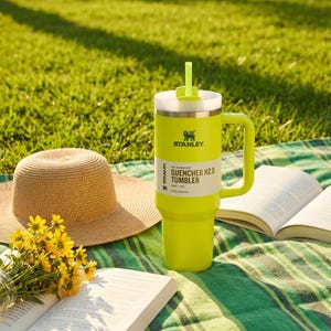 Op de afbeelding: Een felgele Stanley Quencher H2.0 Tumbler met een handvat en rietje staat op een groen-wit gestreepte deken. Een strohoed, open boeken en gele bloemen in een glazen pot staan ook op de deken, met gras op de achtergrond.