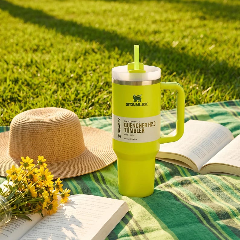 Op de afbeelding: Een felgele Stanley Quencher H2.0 Tumbler met een handvat en rietje staat op een groen-wit gestreepte deken. Een strohoed, open boeken en gele bloemen in een glazen pot staan ook op de deken, met gras op de achtergrond.