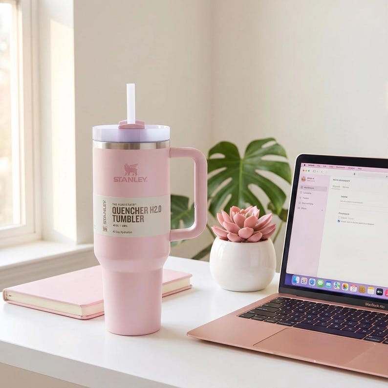 K&ouml;nnte beinhalten: Ein rosa Stanley Quencher H2.0 Tumbler mit Griff und Strohhalm steht auf einem wei&szlig;en Schreibtisch. Der Becher hat ein wei&szlig;es Etikett mit schwarzem Text. Ein rosa Laptop, ein Notizbuch und eine Sukkulente in einem wei&szlig;en Topf befinden sich ebenfalls auf dem Schreibtisch.