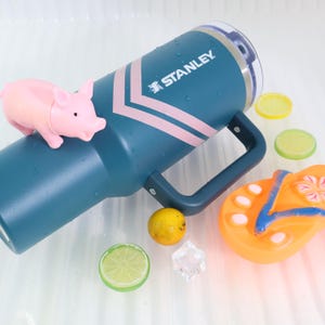 K&ouml;nnte beinhalten: Ein tealfarbener Stanley-Becher mit einem rosa Chevron-Design und einem schwarzen Griff. Eine kleine rosa Schweinchen-Figur liegt auf dem Becher. Der Becher ist umgeben von Zitronen- und Limettenscheiben, einem gelben Ball, einem klaren Eisw&uuml;rfel und einer orangefarbenen und blauen Flip-Flop.