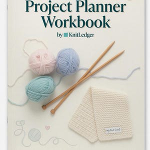 May include: A book titled "Beginner Knitting Project Planner Workbook" with teal text and a cream background. The cover features three balls of yarn in pastel colors, knitting needles, and a knitted scarf. The text "Start Small • Stitch with Confidence • Track Every Row" is at the bottom.