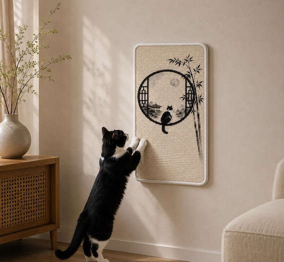 Chinese Ink Wash Sisal Cat Scratcher Mat – Decorative Wall Art for Cats