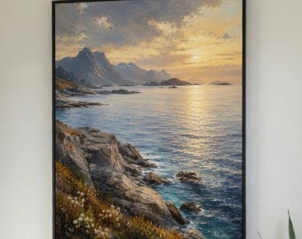 Kustnära fjordsolnedgångstavla, skandinavisk havsutsiktsväggkonst (digital nedladdning)