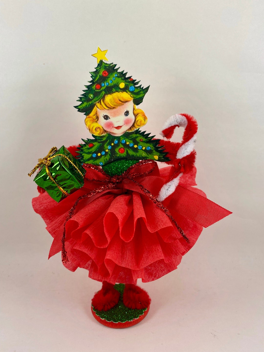 Retro Christmas Bump Chenille Girl With With Present and Candy - Etsy