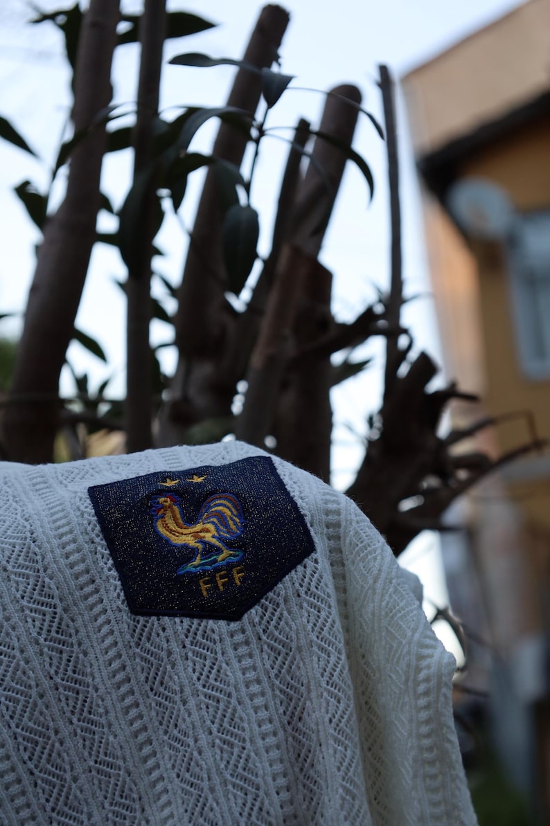May include: A cream-coloured, open-knit sweater with a navy blue patch displaying a gold rooster emblem and the letters "FFF". The sweater has a diamond pattern. The background includes tree branches and a building.