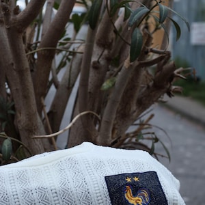 May include: Off-white open-knit sweater with a navy patch displaying a gold rooster emblem and the letters "FFF". The sweater has a crew neck and a textured, diamond-patterned knit. The background features tree branches and a blurred street scene.