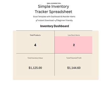Excel-sjabloon inventaristracker kleine bedrijven | Spreadsheet voorraadbeheer | Waarschuwingssysteem voor opnieuw bestellen | Eenvoudige inventarisatietool