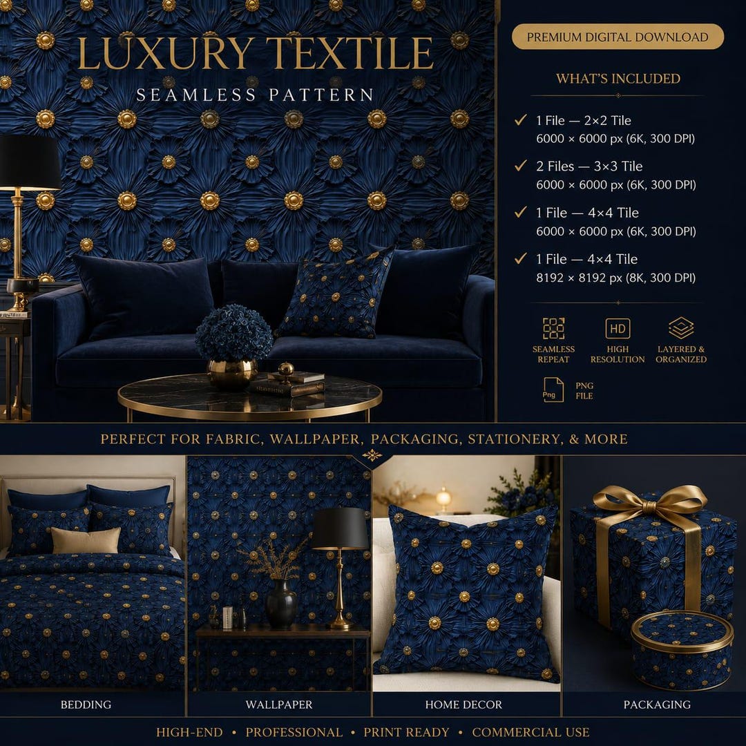 Luxury Blue Floral Seamless Pattern | Pre-tiled 6K 8K PNG Files ...
