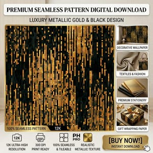 Golden Rain Pixel Matrix Seamless Pattern | Luxury Black Gold Mosaic (Digital Download)