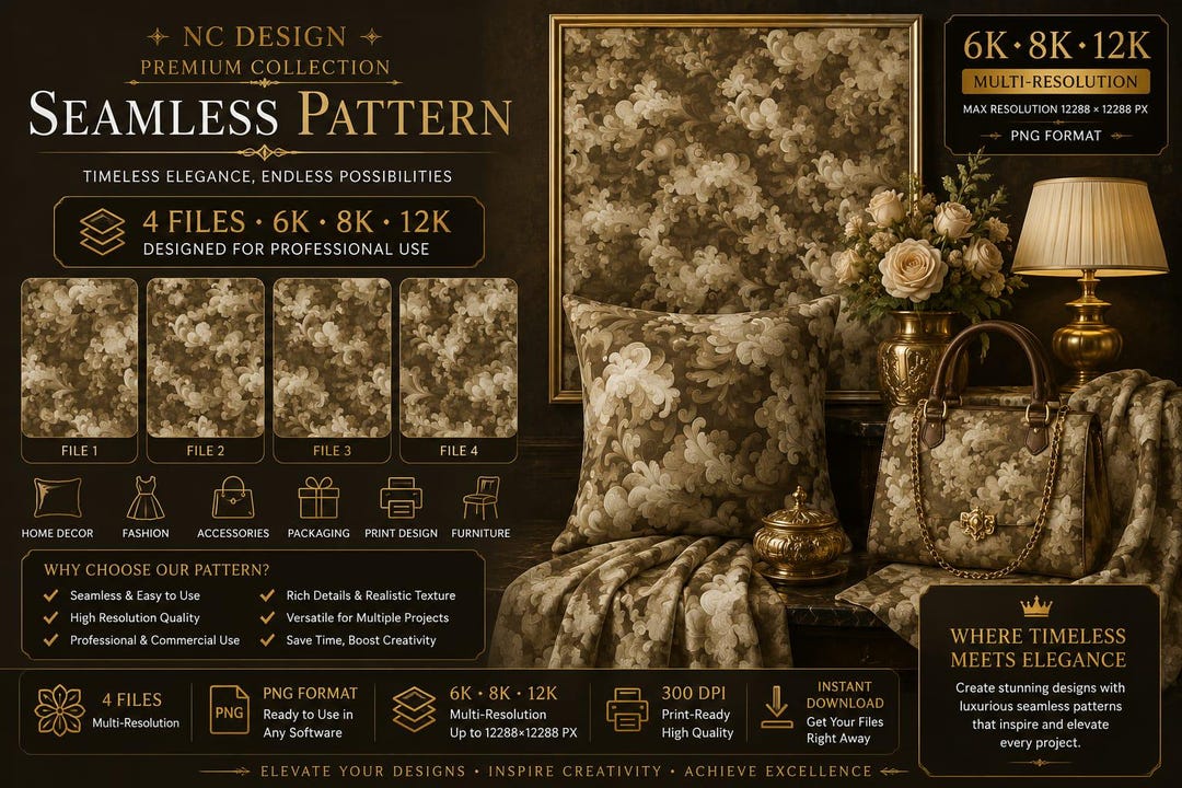 Vintage Baroque Seamless Pattern Bundle | Sepia Brown Damask, 6K-12K ...