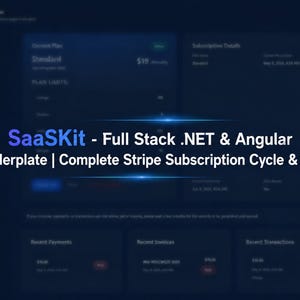 Puede incluir: Una interfaz digital azul oscuro con el texto "SaaSKit - Full Stack .NET & Angular" y "SaaS Boilerplate | Complete Stripe Subscription Cycle & Payments". La interfaz muestra detalles de suscripci&oacute;n e informaci&oacute;n de pago.