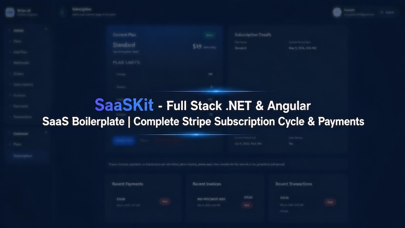 Puede incluir: Una interfaz digital azul oscuro con el texto "SaaSKit - Full Stack .NET & Angular" y "SaaS Boilerplate | Complete Stripe Subscription Cycle & Payments". La interfaz muestra detalles de suscripci&oacute;n e informaci&oacute;n de pago.