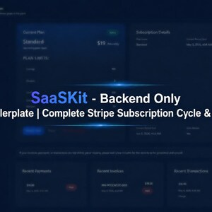Op de afbeelding: Een donkerblauwe digitale interface met de tekst "SaaSKit - Backend Only" en "SaaS Boilerplate | Complete Stripe Subscription Cycle & Payments." De interface toont abonnementsdetails en recente transacties.