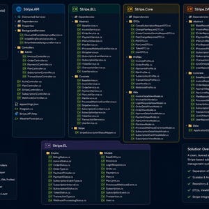 Puede incluir: Un diagrama azul oscuro de una soluci&oacute;n de software, con cuadros etiquetados para Stripe API, BLL, Core, DAL y EL. El diagrama incluye listas de dependencias, controladores y otros componentes, con una descripci&oacute;n general de la soluci&oacute;n en la parte inferior.