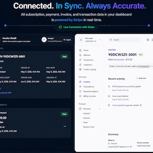 Puede incluir: Una interfaz de panel de control azul oscuro con el texto "Connected. In Sync. Always Accurate." muestra los detalles de la factura, la informaci&oacute;n de pago y los datos de la transacci&oacute;n. La interfaz incluye una interfaz de usuario de Stripe.