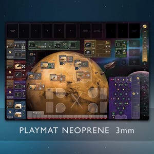 May include: A rectangular playmat with a detailed space-themed design, featuring a large planet, spacecraft, and various game elements. The mat is black with a detailed layout and the text "PLAYMAT NEOPRENE 3mm".