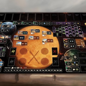 May include: A board game with a space theme. The game board is rectangular with a dark background and features various game elements, including planets, cards, and a combat track. The central design element is a large orange planet with crossed swords.